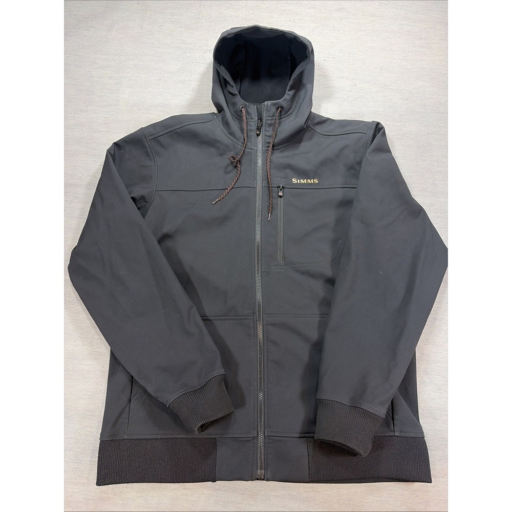 Simms Jacket Mens L Black Guide Series Hooded Softshell Fishing Full Zip Large